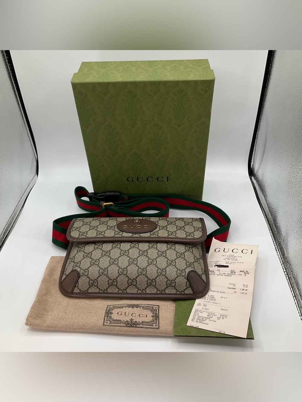 Gucci Neo Vintage GG Supreme Monogram Belt Bag Coated Canvas Tiger Web Strap